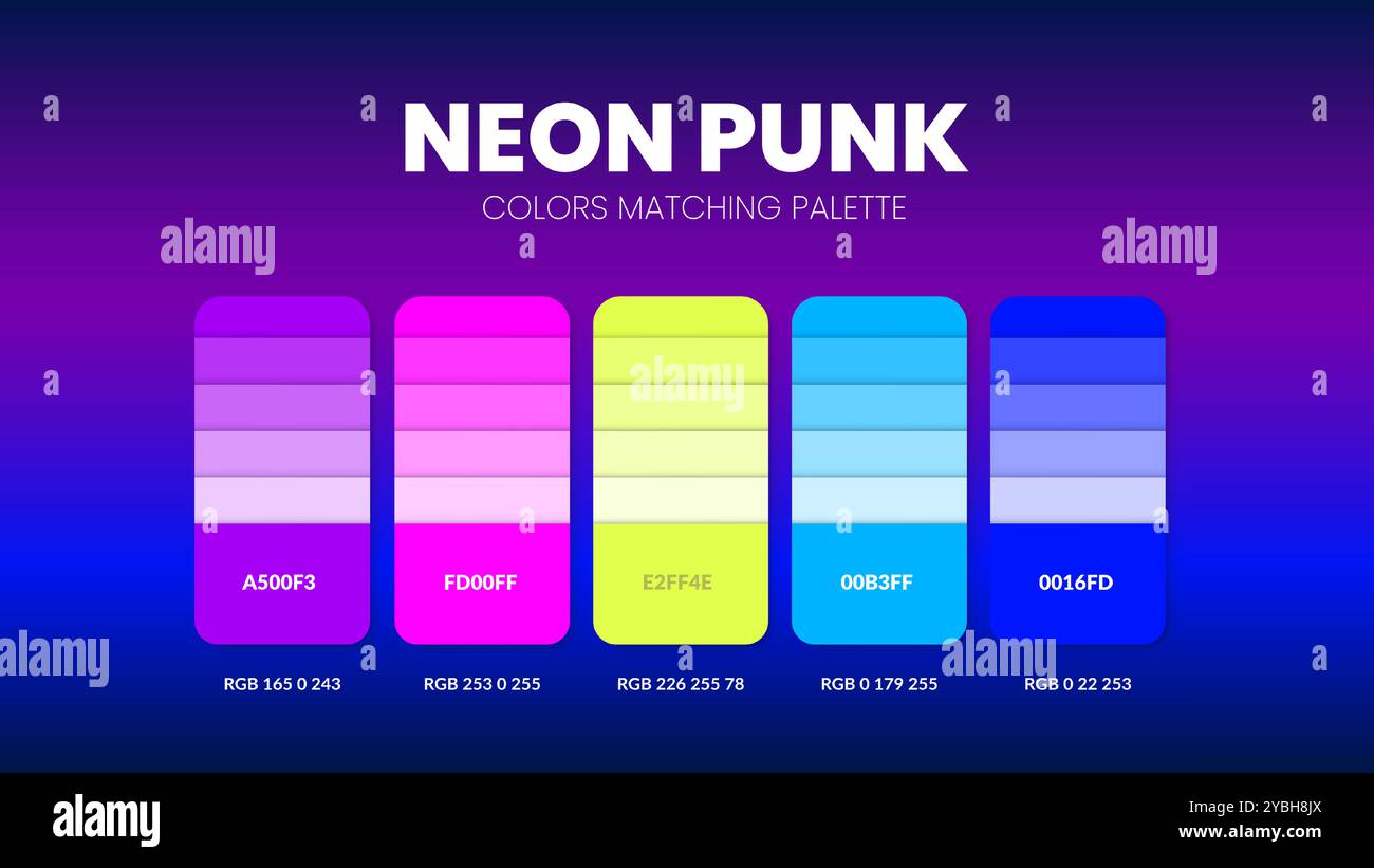 Guide de palette de couleurs dans les collections à thème de couleur Neon Punk. Inspiration de couleur ou graphique avec modèle de codes. Combinaison de couleurs RVB. Nuances de couleurs pour Illustration de Vecteur