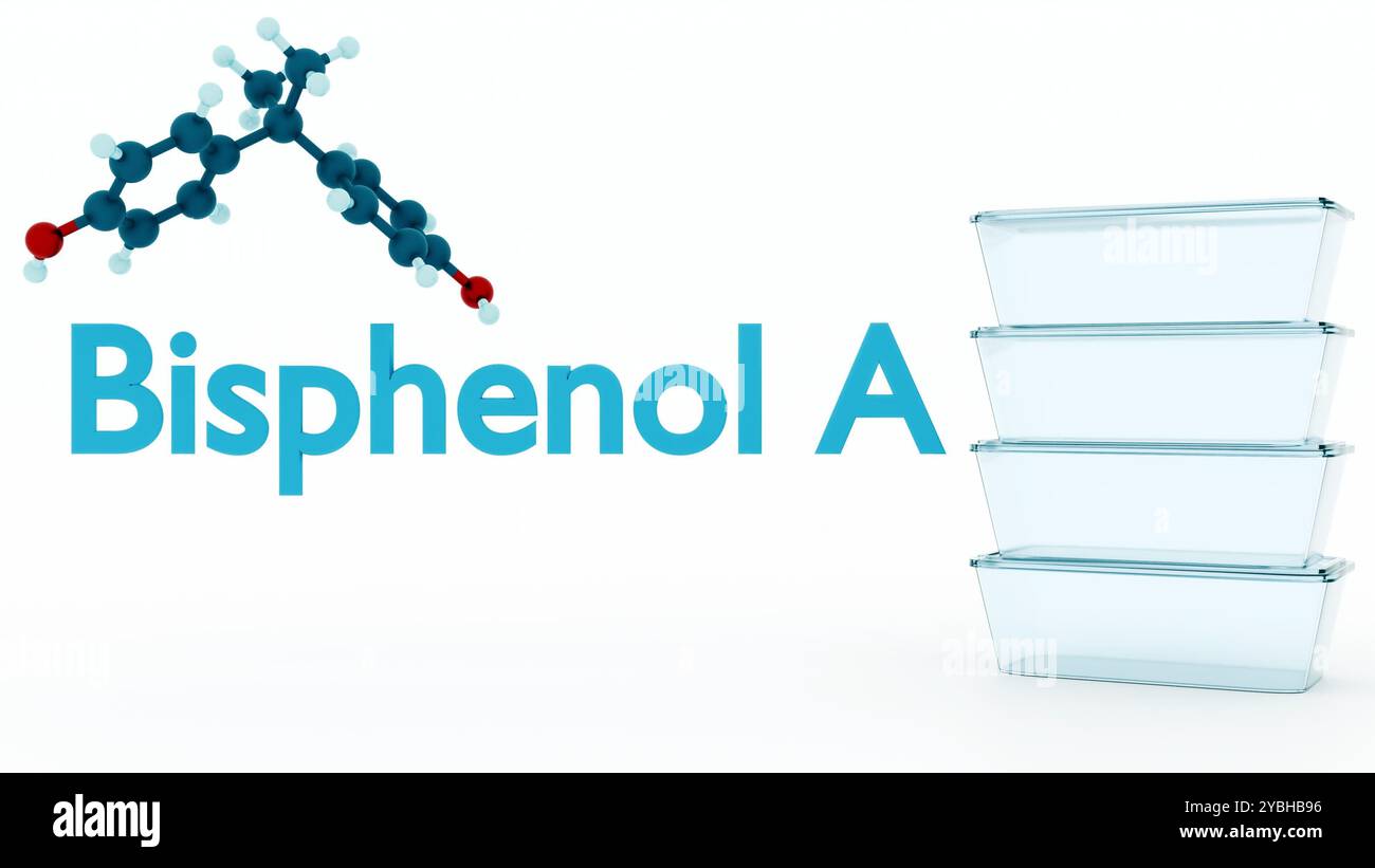 Le rendu 3d du bisphénol A (BPA) est un produit chimique synthétique couramment utilisé dans la production de plastiques polycarbonate et de résines époxy. Banque D'Images