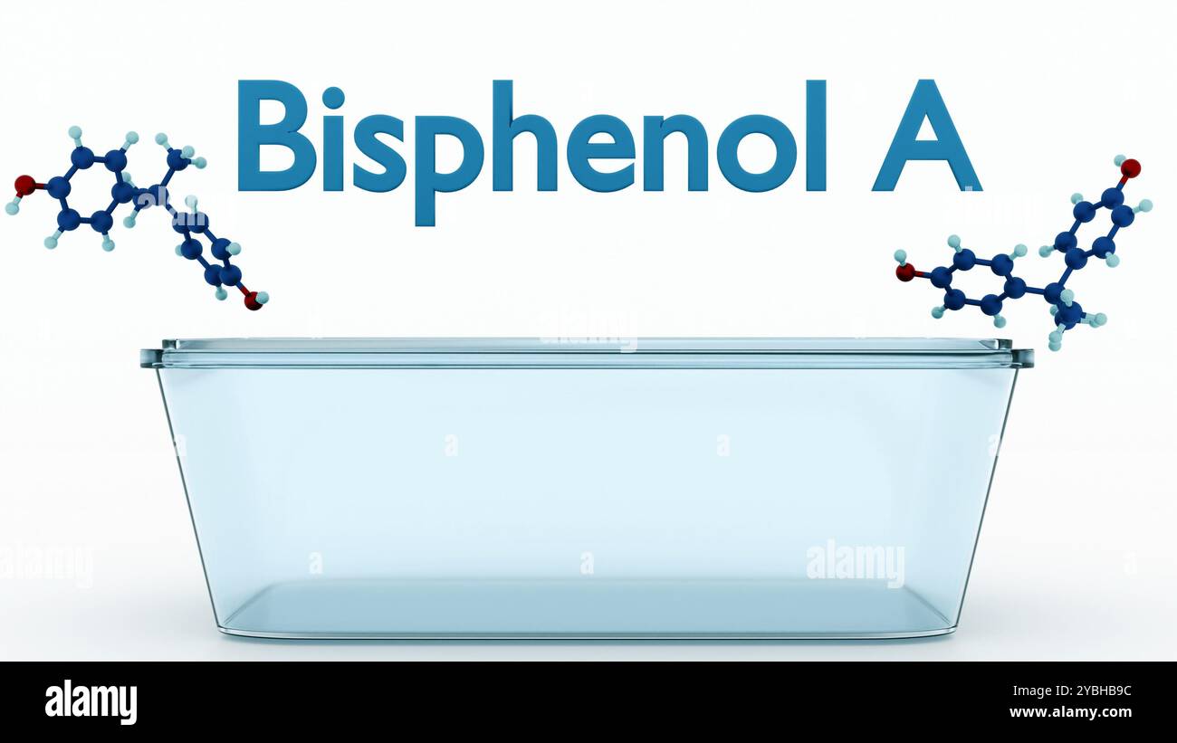 Le rendu 3d du bisphénol A (BPA) est un produit chimique synthétique couramment utilisé dans la production de plastiques polycarbonate et de résines époxy. Banque D'Images