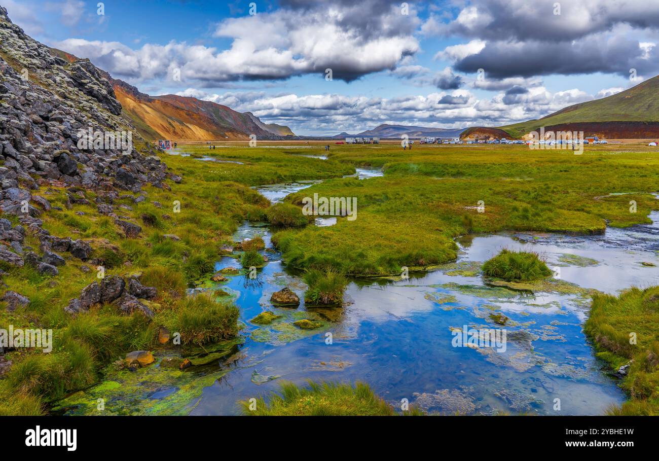 Sources chaudes naturelles au camping Landmannalaugar Banque D'Images