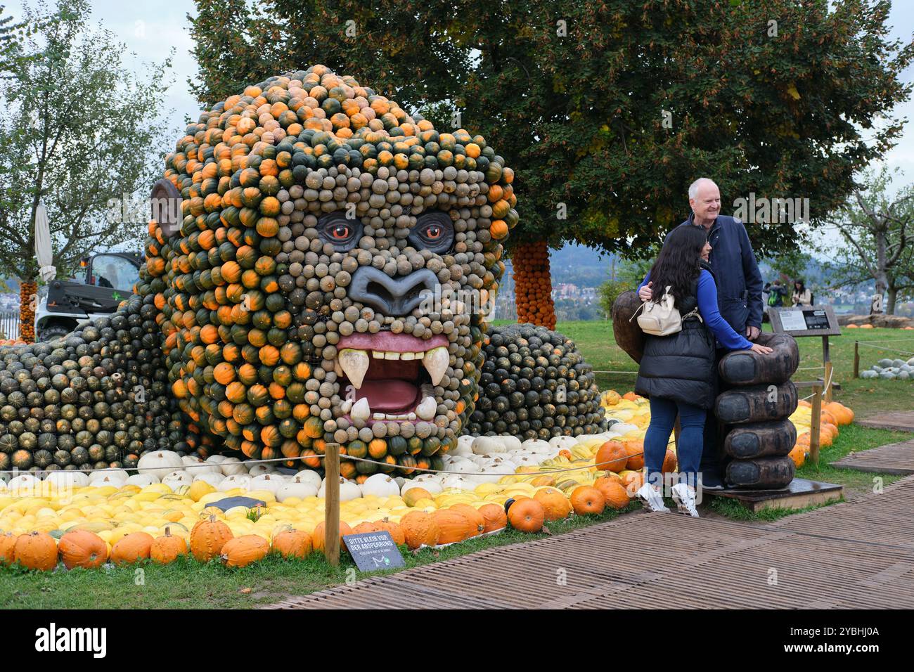 Homme âgé et femme d'âge moyen posant avec une sculpture de roi Kong de citrouille au Festival annuel d'art et de sculpture de squash à Juckerhof, Suisse. Banque D'Images