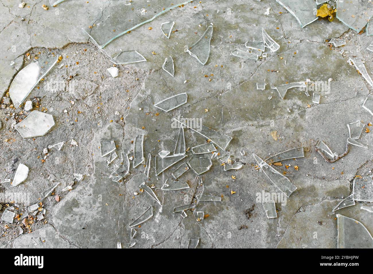 Des morceaux de verre brisé reposent sur la surface de béton. Un grand nombre de éclats de verre transparent reposent sur le sol Banque D'Images