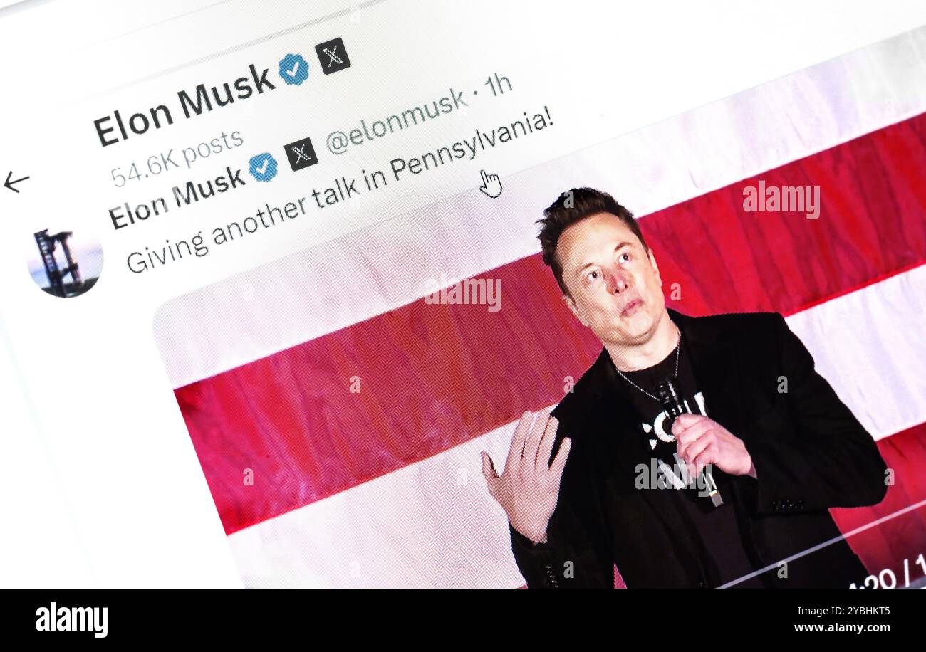 Ukraine. Poltava. 19 octobre 2024.photo de la page Twitter d'Elon Musk sur un écran d'ordinateur portable lors d'un discours à la mairie de Philadelphie, Pennsylvanie. Banque D'Images