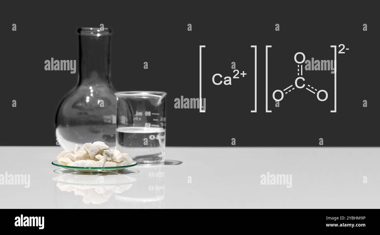 Puce de carbonate de calcium dans le verre de montre chimique avec structure moléculaire placer à côté du bécher et de la fiole à fond plat sur la table blanche de laboratoire. Vue latérale Banque D'Images