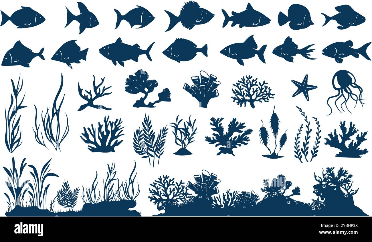 Silhouettes d'aquarium. Vie marine sous-marine, poissons pochoirs, récifs coralliens, animaux marins et algues marines. Eléments aquatiques pour bassin à poissons isolés Illustration de Vecteur