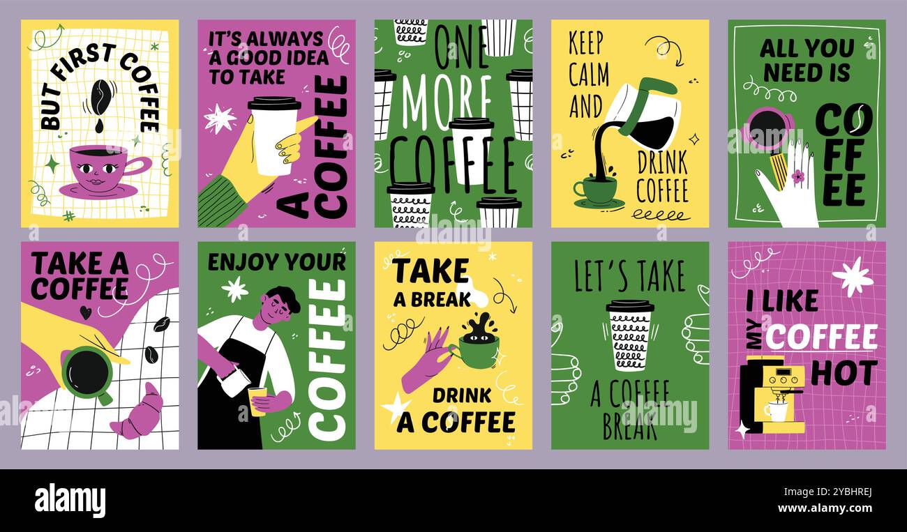 Griffonner des affiches de café. Autocollants de marque de café, de boutique ou de café avec des slogans pour la pause café. Vecteur créatif de boisson de caféine dessiné à la main Illustration de Vecteur