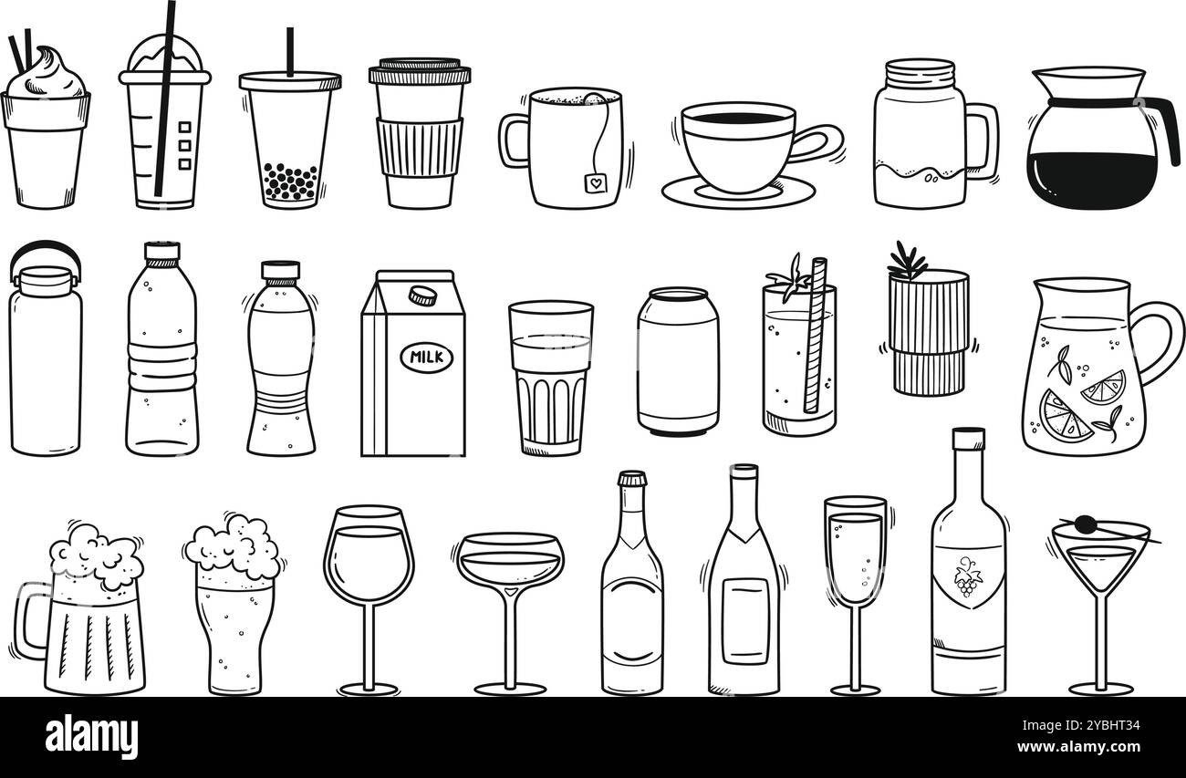 Griffonner des boissons. Boissons dessinées à la main, tasse de café, tasse de thé, smoothies à emporter, cocktails, verres à vin et bouteilles. Sodas, lait, cocktails et bières artisanales Illustration de Vecteur