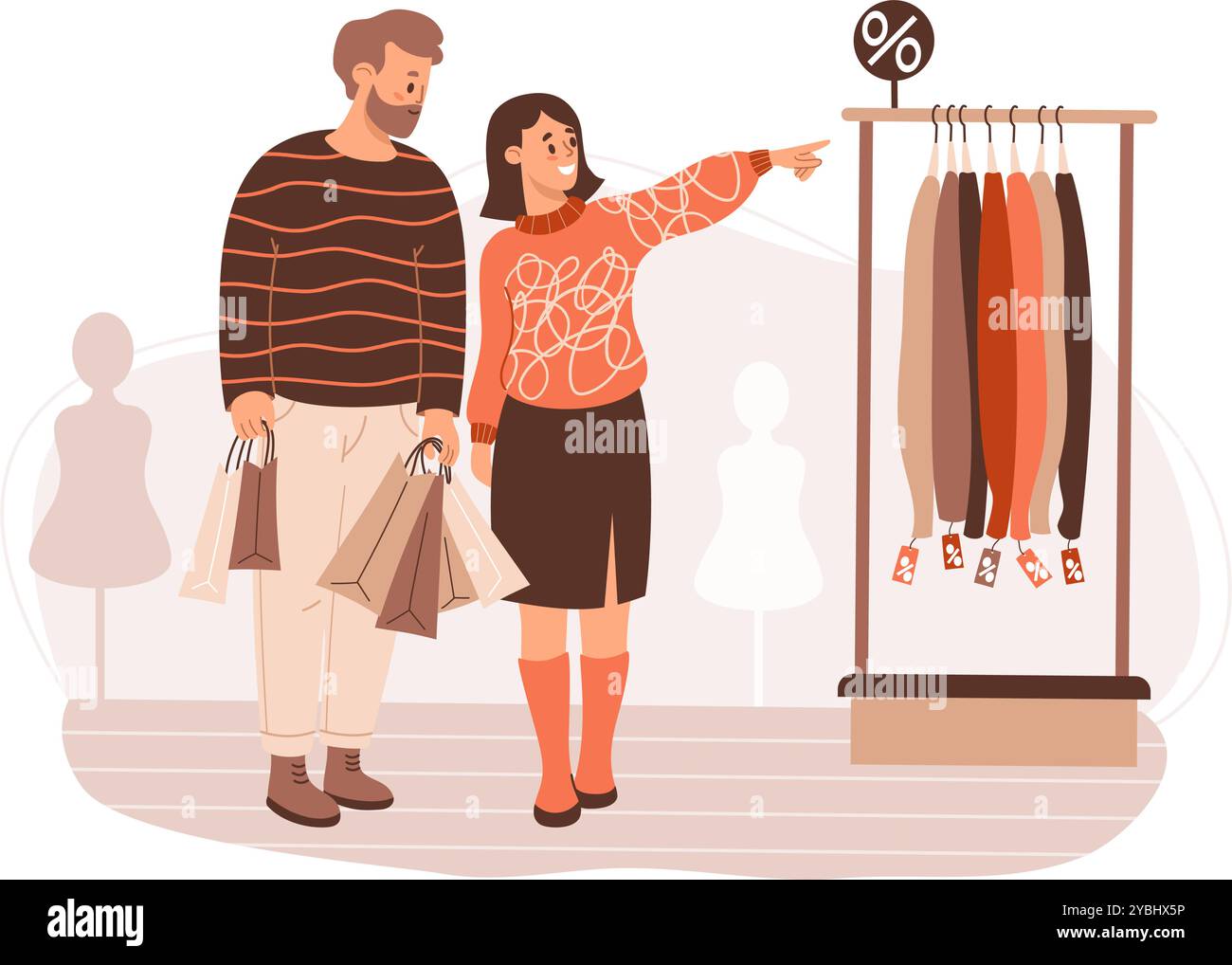 Heureux couple acheteurs en magasin sur la vente de shopping. Homme barbu avec des paquets et femme mignonne choisir des vêtements. Illustration vectorielle. Bu du vendredi fou des fêtes Illustration de Vecteur