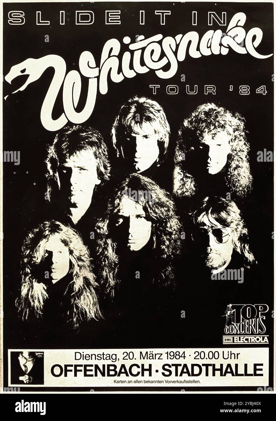 Whitesnake, groupe de rock, affiche de concert. Tournée allemande, 20 mars 1984, Offenbach Stadthalle. Impression Litho, noir et blanc. Plans de cinq membres du groupe, dont David Coverdale, Cozy Powell et John Lord, ainsi que Neil Murray et John Sykes. Banque D'Images