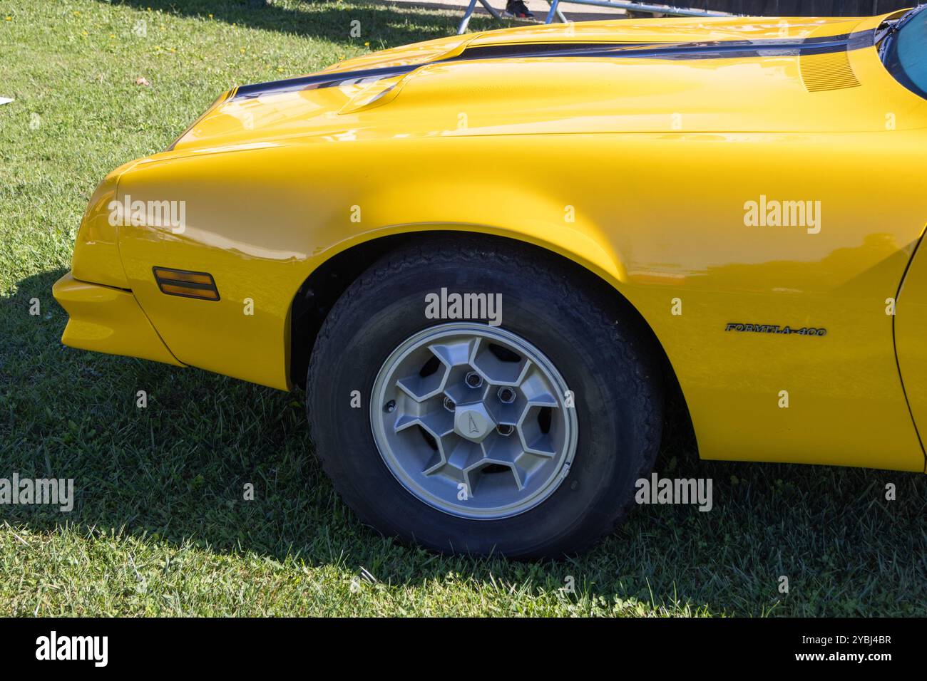 Vue rapprochée d'une voiture pontiac Firebird classique garée sur un terrain herbeux Banque D'Images
