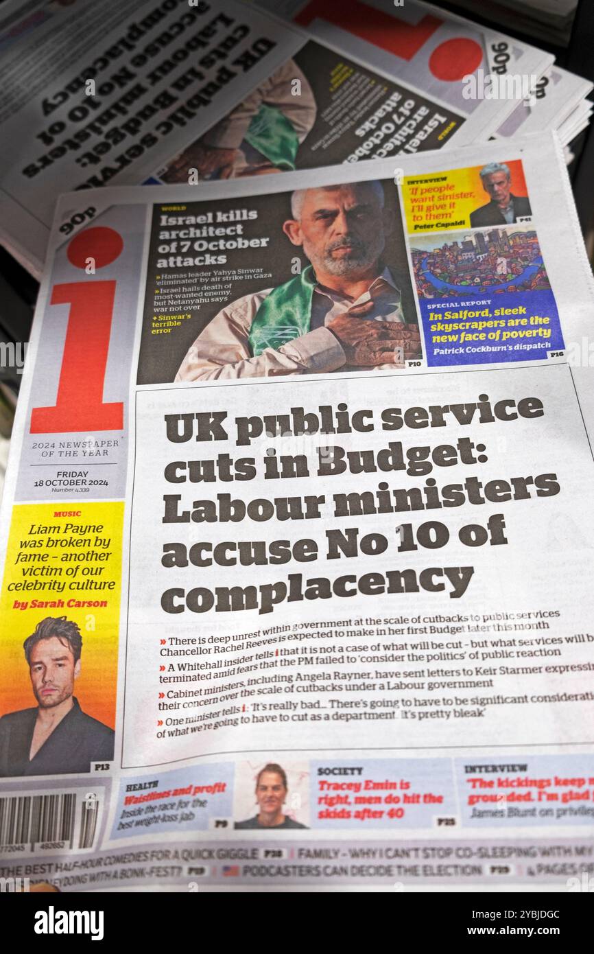 "Les services publics britanniques coupent le budget : les ministres du travail accusent le n° 10 de complaisance" i journal titre première page article 18 octobre 2024 Londres Royaume-Uni Banque D'Images