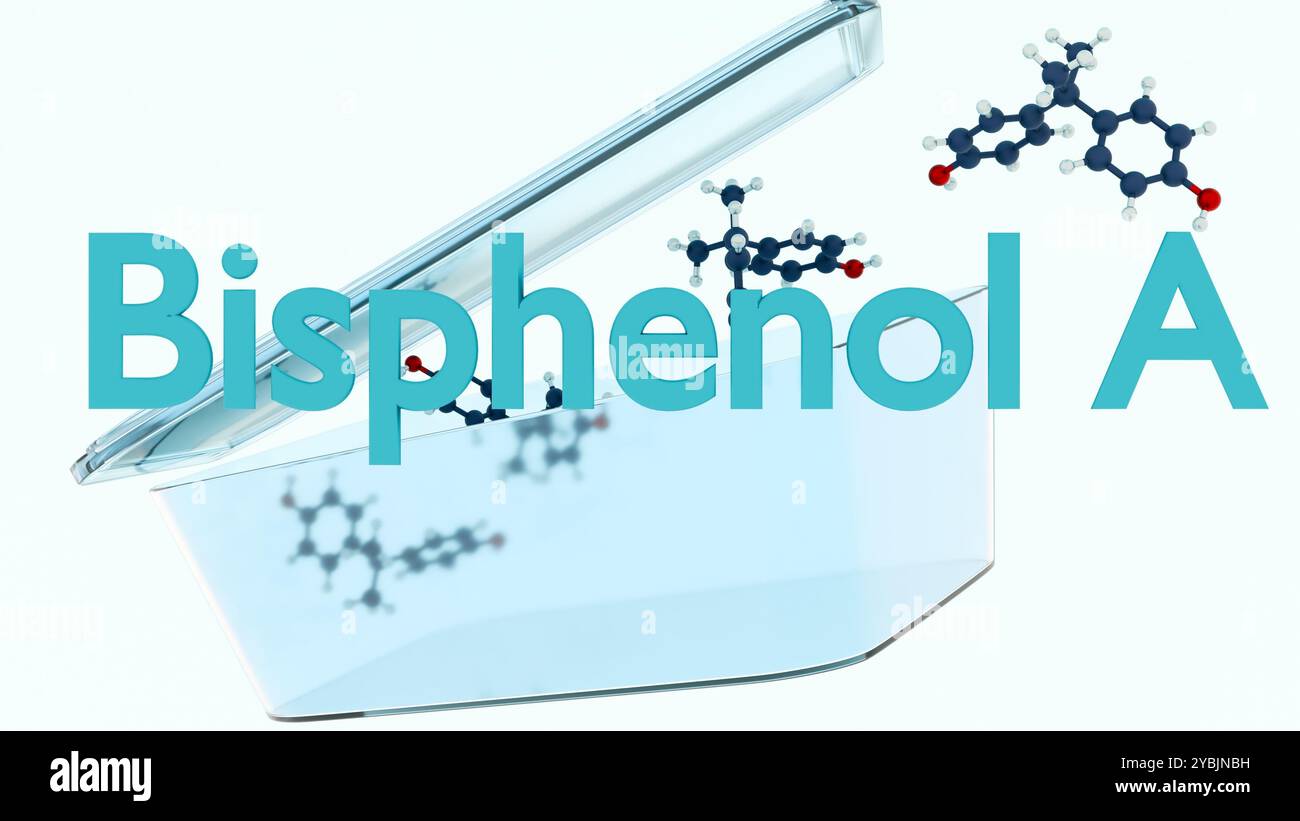 Le rendu 3d du bisphénol A (BPA) est un produit chimique synthétique couramment utilisé dans la production de plastiques polycarbonate et de résines époxy. Banque D'Images