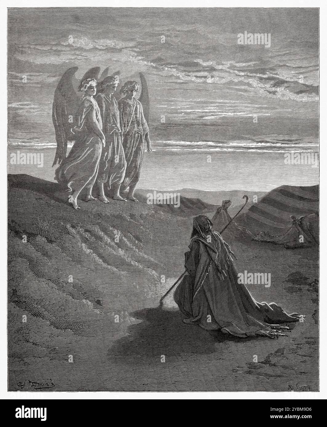 Abraham reçoit la visite de trois anges. Ancien Testament. Illustration biblique antique de Gustave Dore (1832-1883) Banque D'Images
