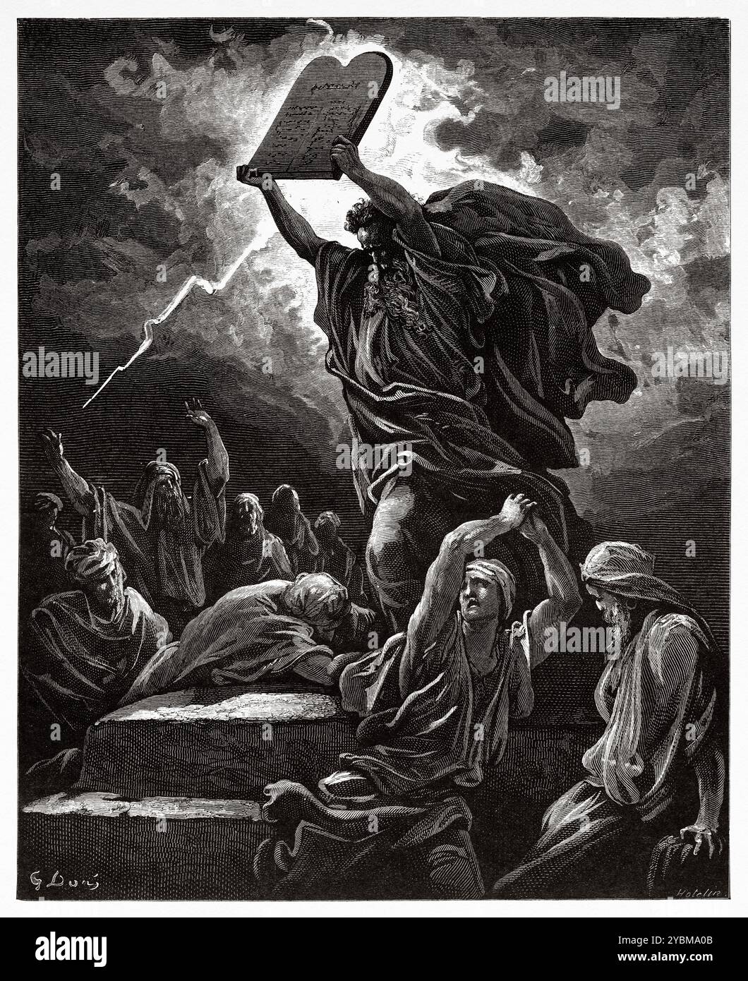 Moïse brise les tables de la Loi. Ancien Testament. Illustration biblique antique de Gustave Dore (1832-1883) Banque D'Images