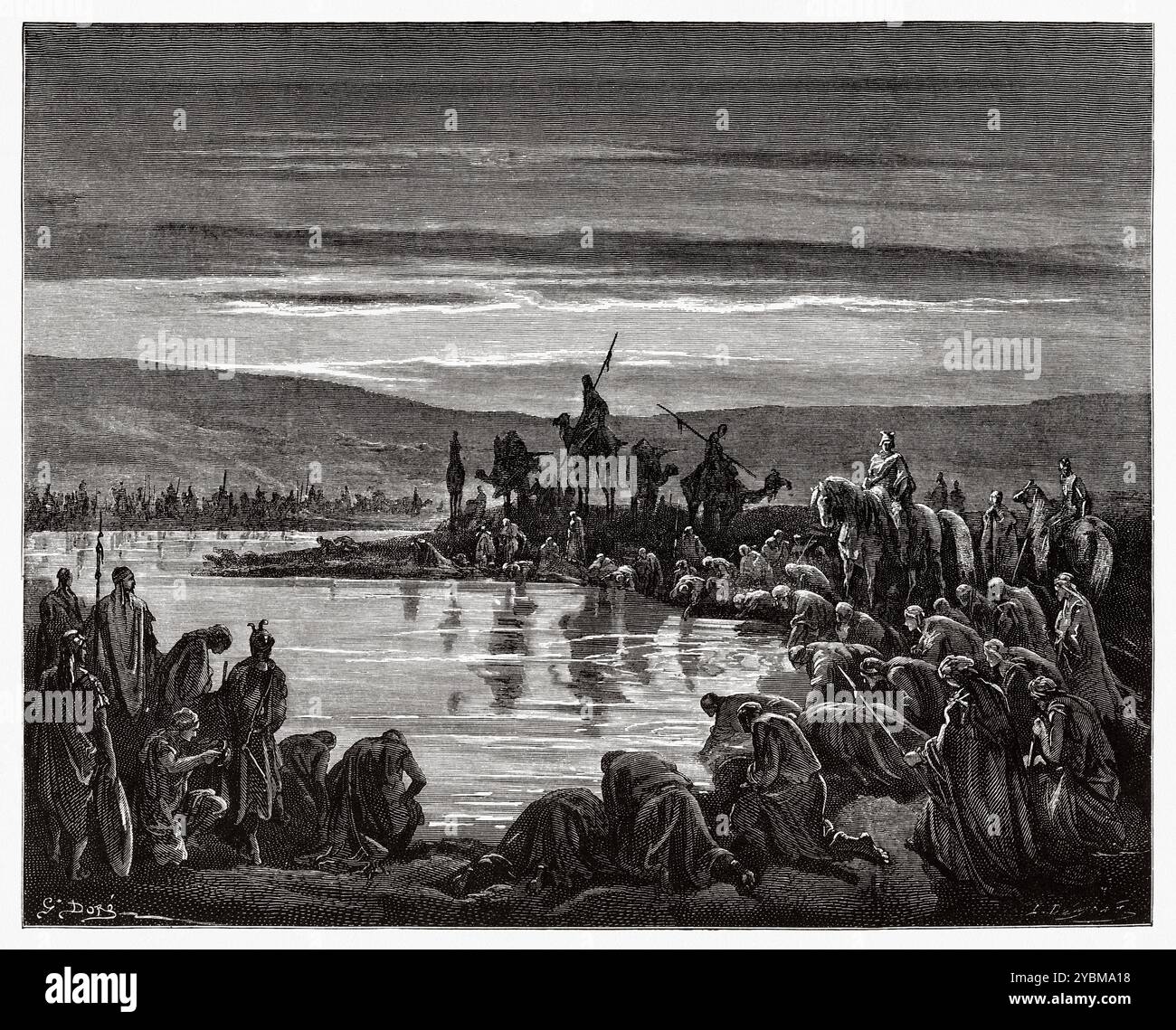 Gideon choisit ses soldats. Ancien Testament. Illustration biblique antique de Gustave Dore (1832-1883) Banque D'Images