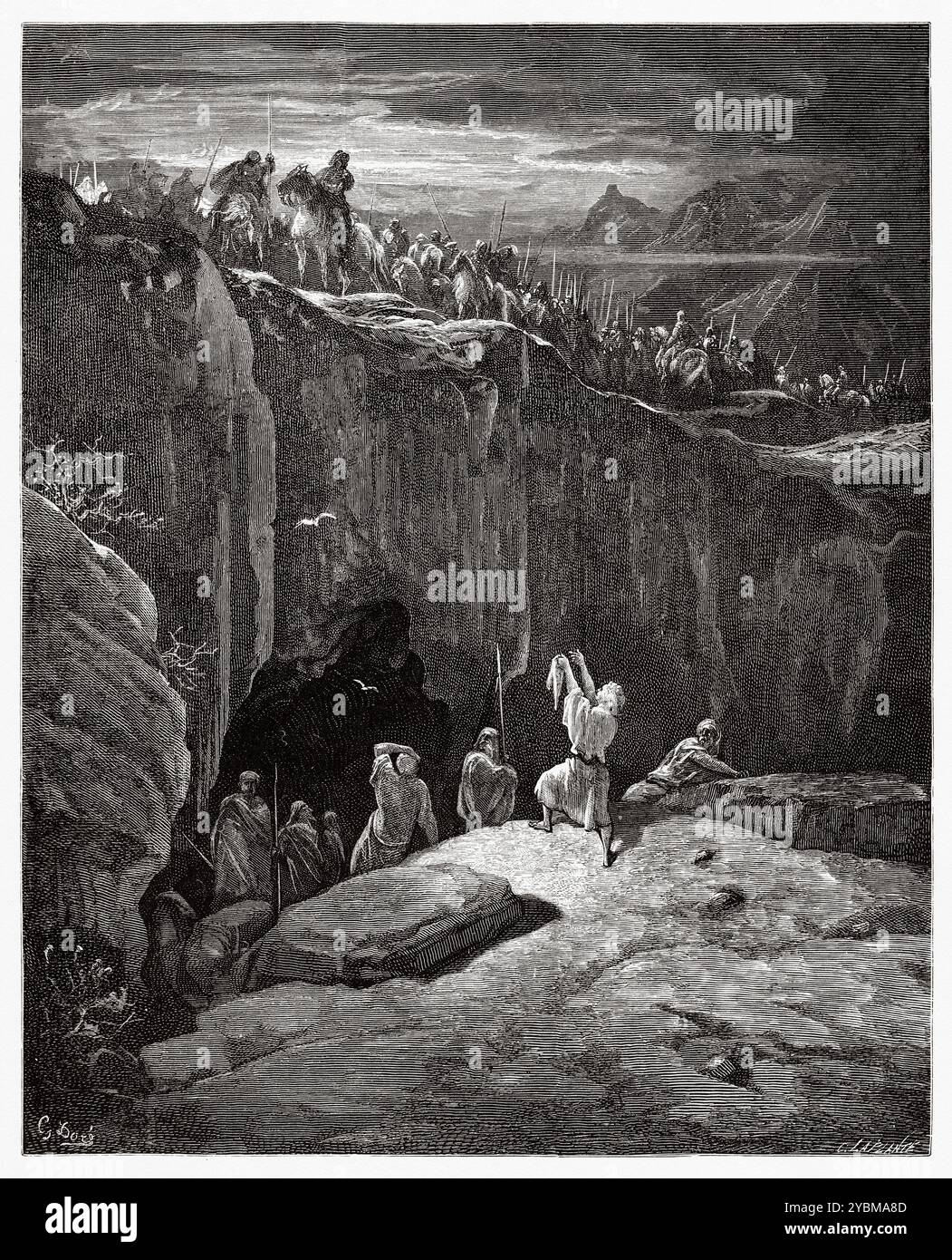 David montrant à Saul qu'il avait épargné sa vie. Ancien Testament. Illustration biblique antique de Gustave Dore (1832-1883) Banque D'Images