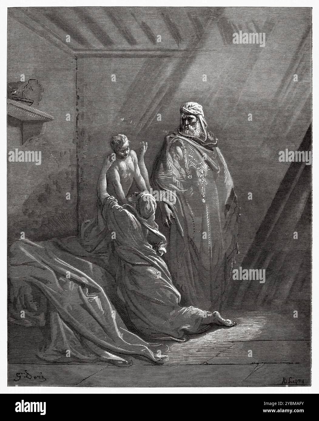 Élie réanimant le fils de la veuve de Sarepta. Ancien Testament. Illustration biblique antique de Gustave Dore (1832-1883) Banque D'Images