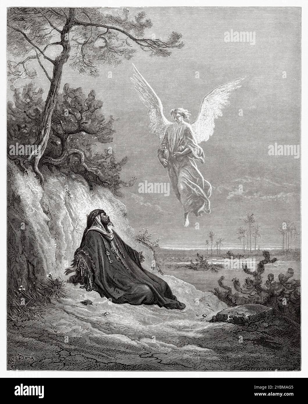Le prophète Élie nourri par un ange. Ancien Testament. Illustration biblique antique de Gustave Dore (1832-1883) Banque D'Images