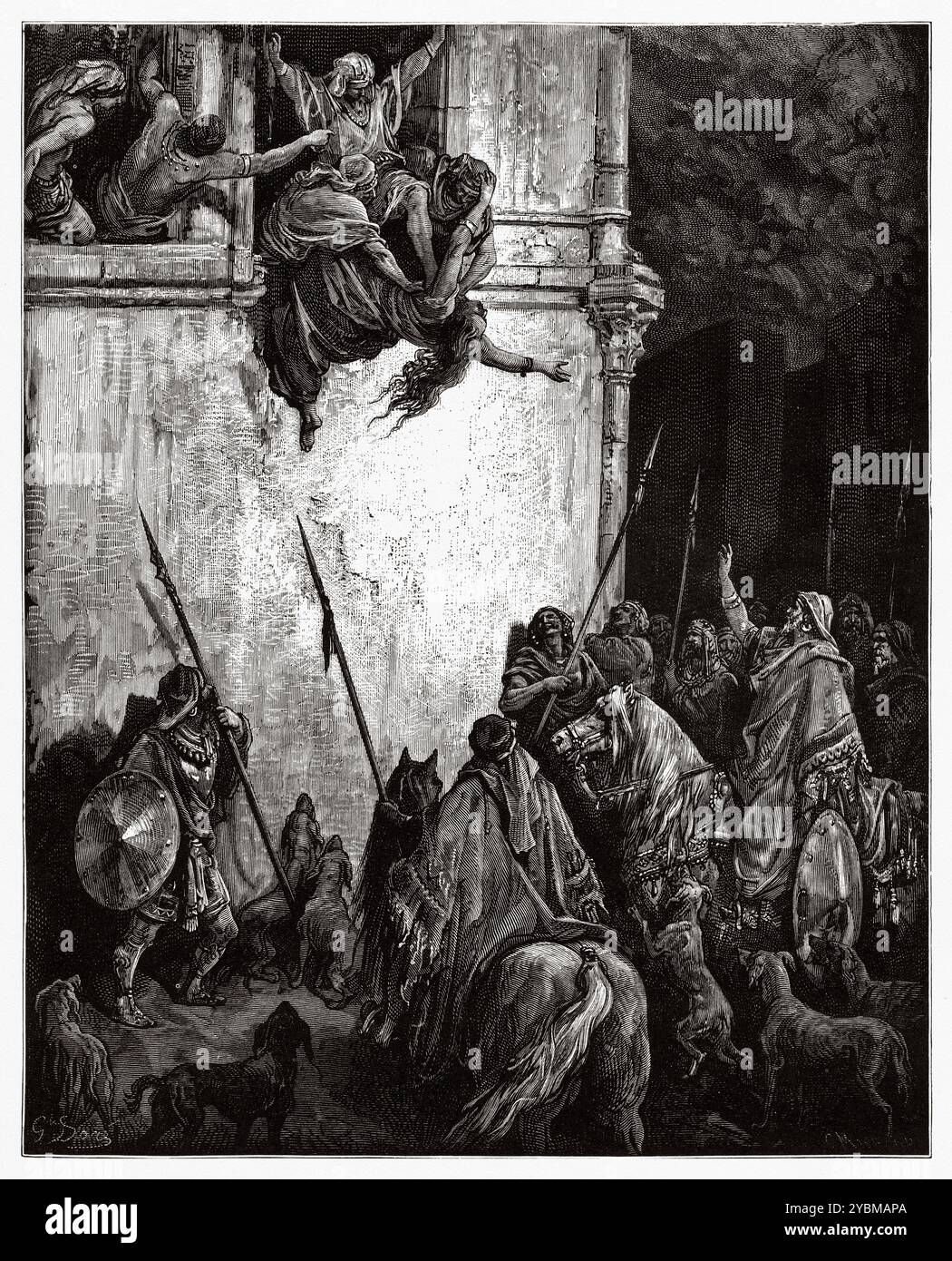 La mort de Jézabel par ordre du roi Jéhu qui l'a jetée dans la rue et piétinée. Ancien Testament. Illustration biblique antique de Gustave Dore (1832-1883) Banque D'Images