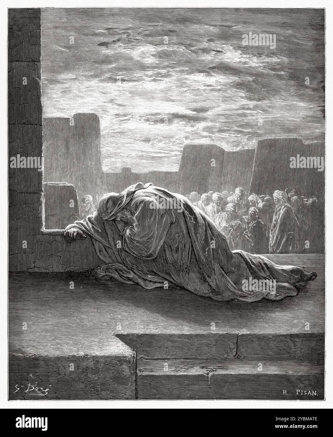 Le prophète Esdras prie. Ancien Testament. Illustration biblique antique de Gustave Dore (1832-1883) Banque D'Images