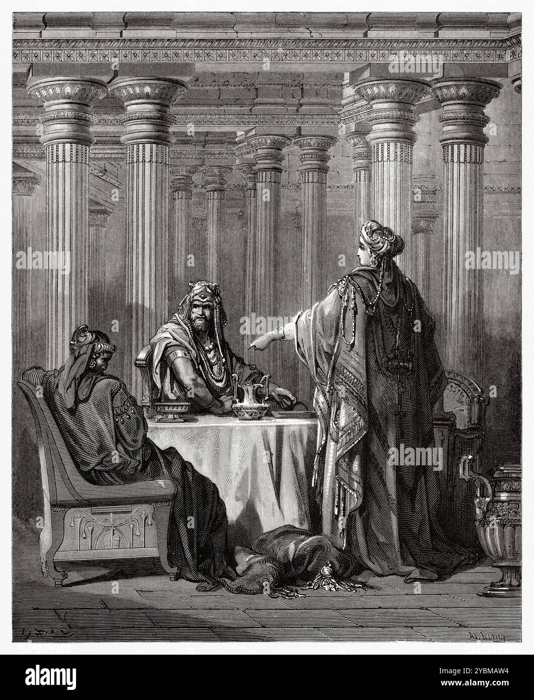 La reine Esther accuse Haman de trahison devant Assuérus. Ancien Testament. Illustration biblique antique de Gustave Dore (1832-1883) Banque D'Images