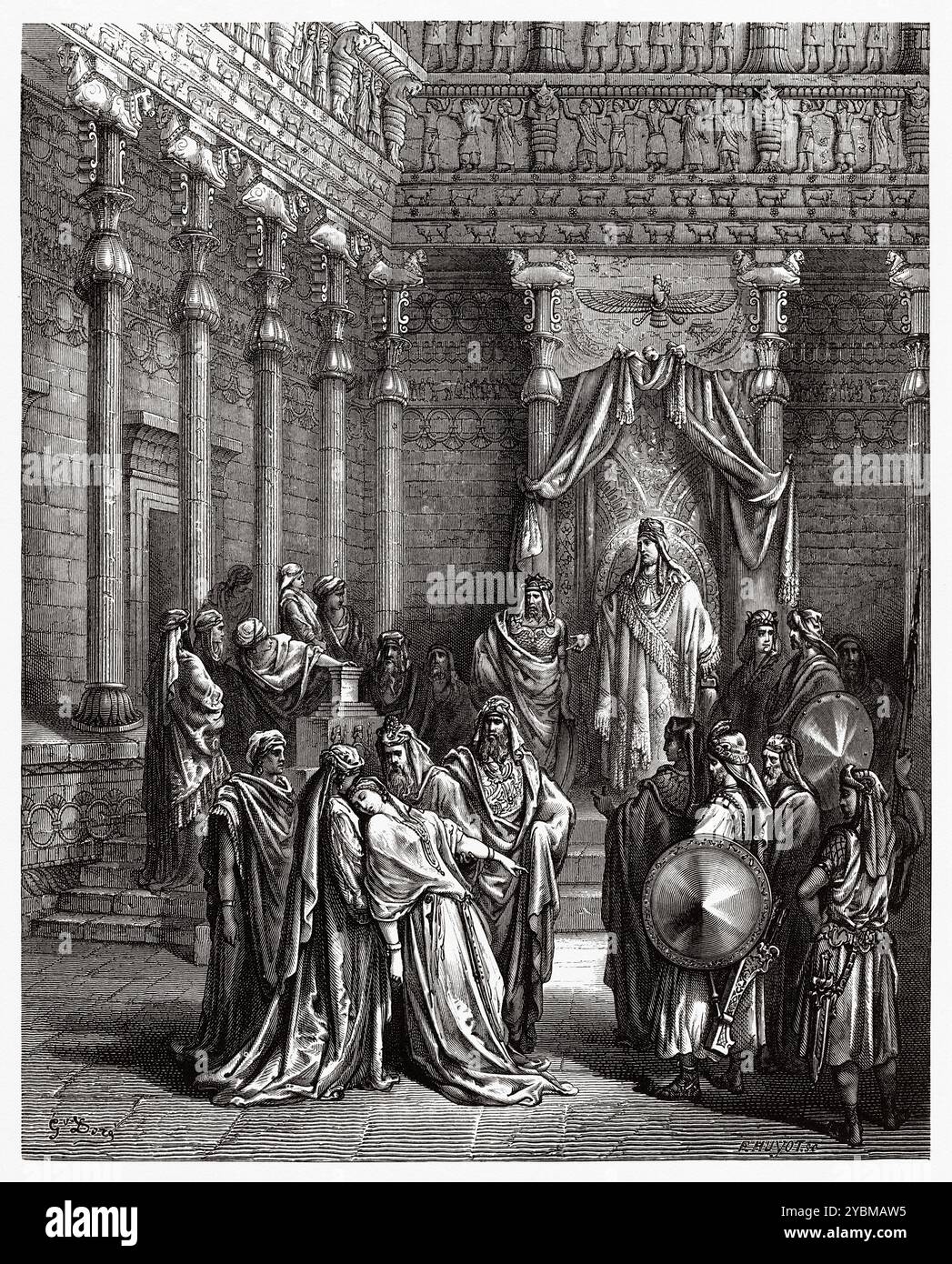 Esther s'évanouit devant le roi Assuérus, espérant mourir parce qu'elle était juive. Ancien Testament. Illustration biblique antique de Gustave Dore (1832-1883) Banque D'Images