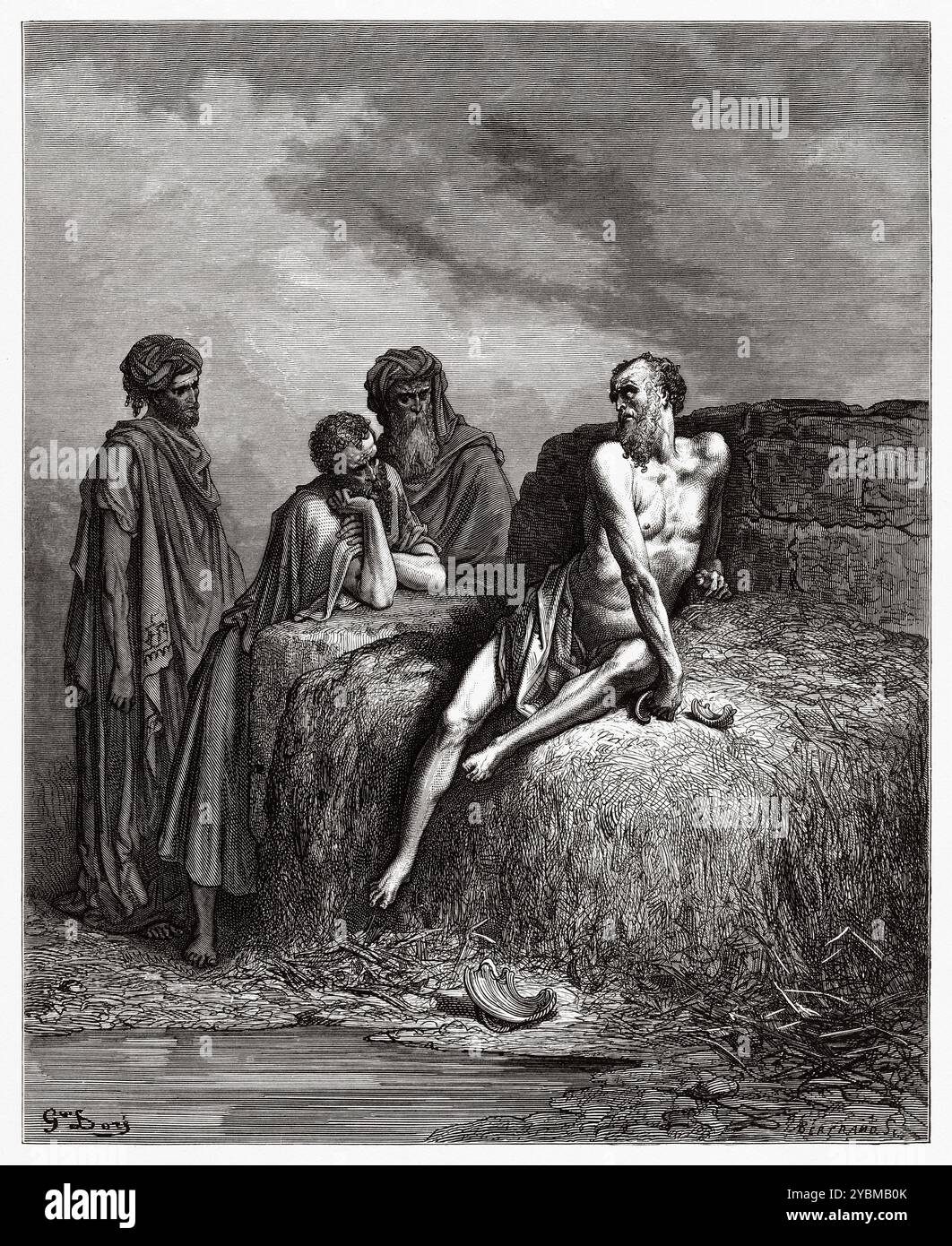 Travail sur le dunghill avec trois amis. Ancien Testament. Illustration biblique antique de Gustave Dore (1832-1883) Banque D'Images
