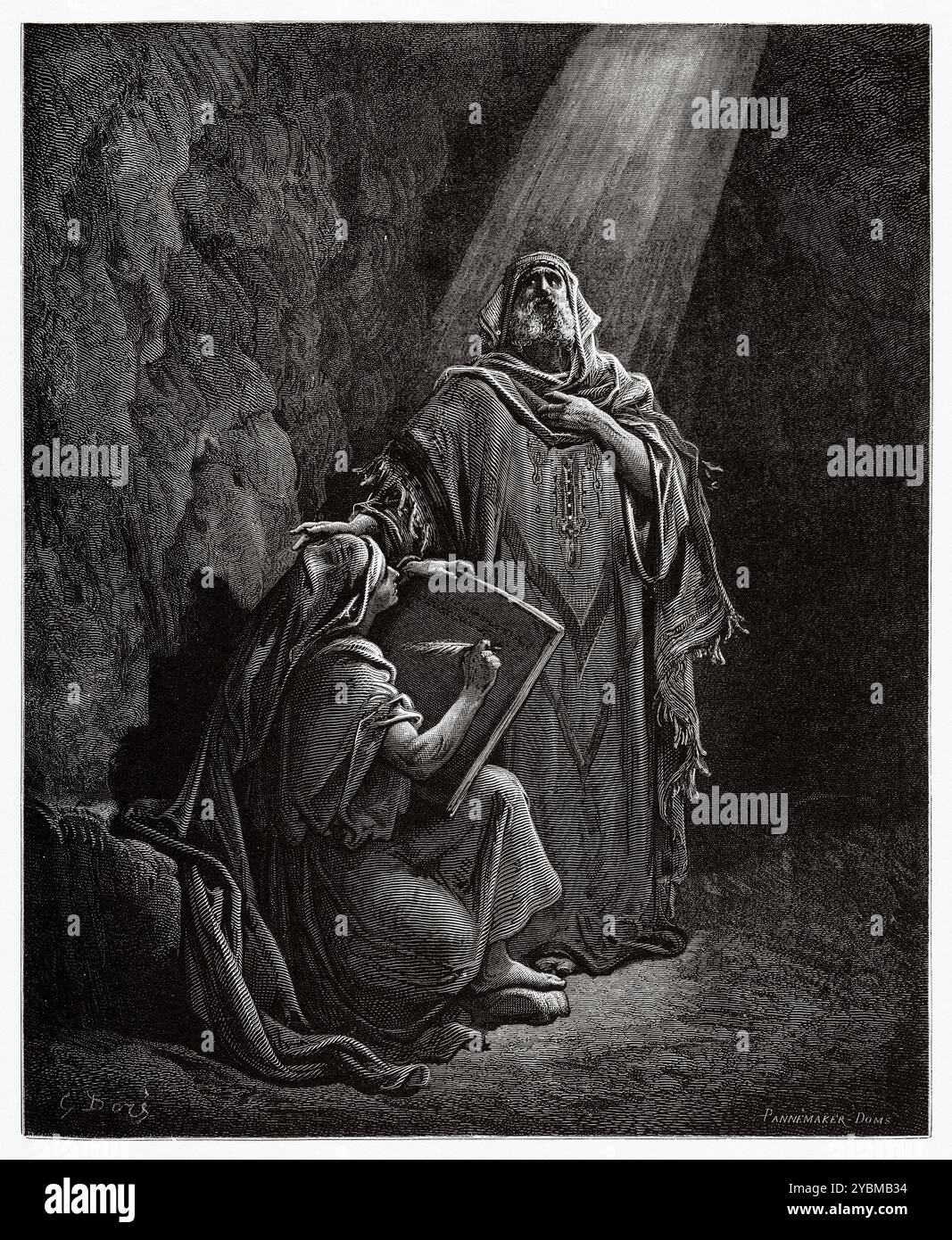 Jérémie dicte sa prophétie à Baruch. Ancien Testament. Illustration biblique antique de Gustave Dore (1832-1883) Banque D'Images