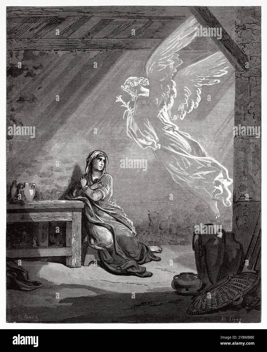 L'Annonciation. Annonciation de l'Archange Gabriel à la Vierge Marie, elle concevrait un enfant pour naître fils de Dieu (Luc 1, 28 - 38) Nouveau Testament. Illustration biblique antique de Gustave Dore (1832-1883) Banque D'Images