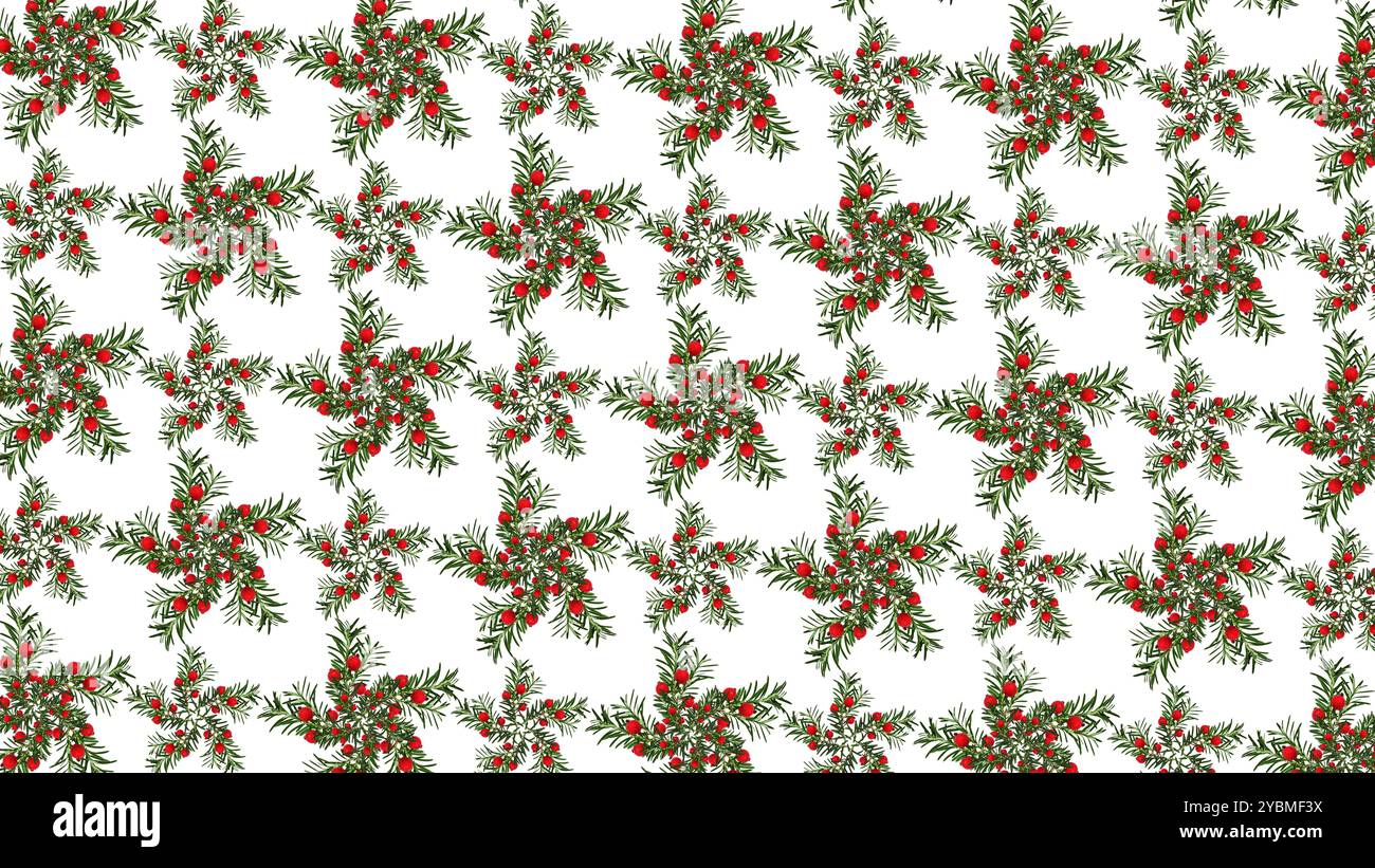 Fond de Noël. Motif abstrait de branches de conifères décorées de baies rouges artificielles. Banque D'Images