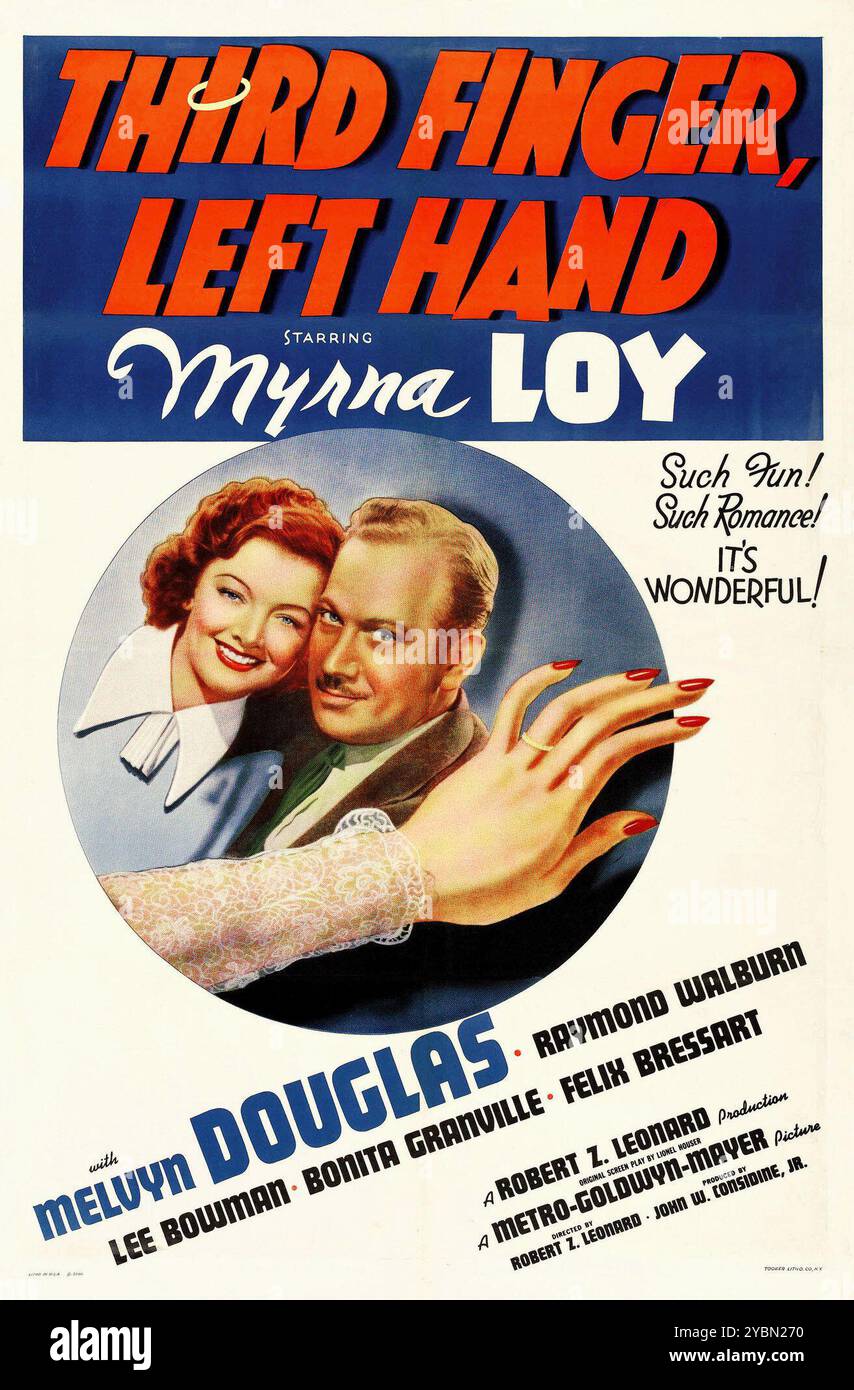 Affiche de film vintage - troisième doigt, main gauche - mettant en vedette Myrna Loy, Melvyn Douglas - MGM 1940 Banque D'Images