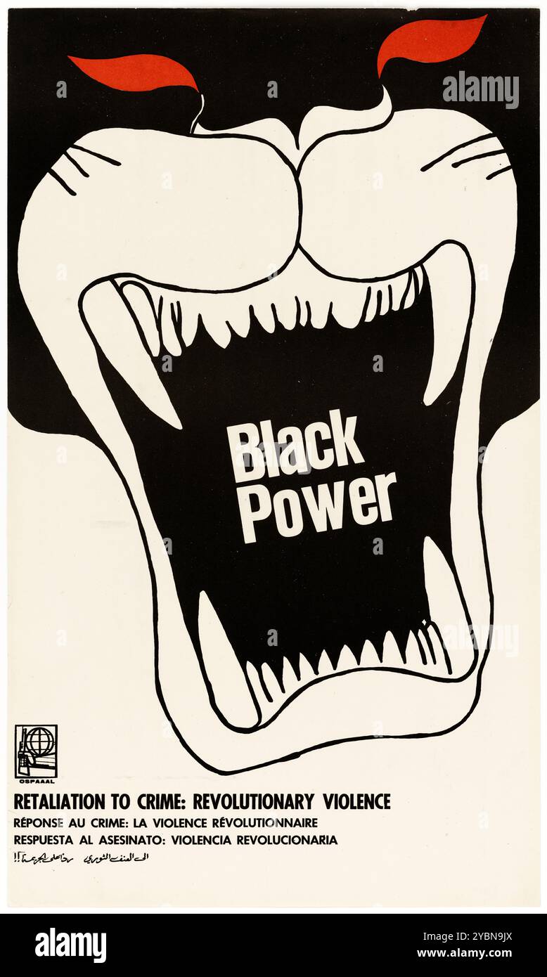 Affiche lithographique couleur Black Power publiée à Cuba par l'Organisation de solidarité avec les peuples d'Asie, d'Afrique et d'Amérique latine (OSPAAAL) avec le message "représailles au crime : violence révolutionnaire". Conçu par Alfredo Rostgaard. Banque D'Images