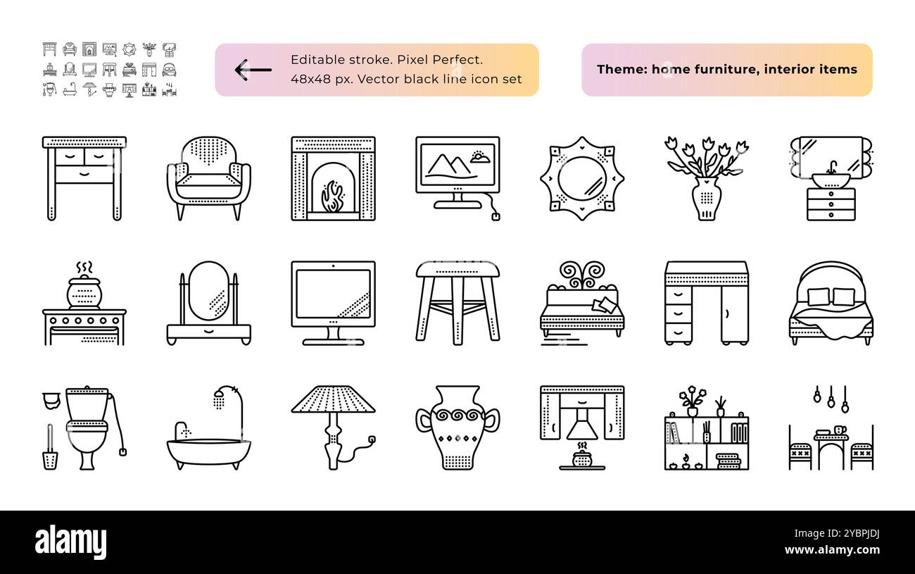 Meubles de maison, articles d'intérieur, pièces de maison, ensemble d'icônes de ligne noire vectorielle, 21 signes monochromes de contour avec des points, trait modifiable, pixel parfait Illustration de Vecteur