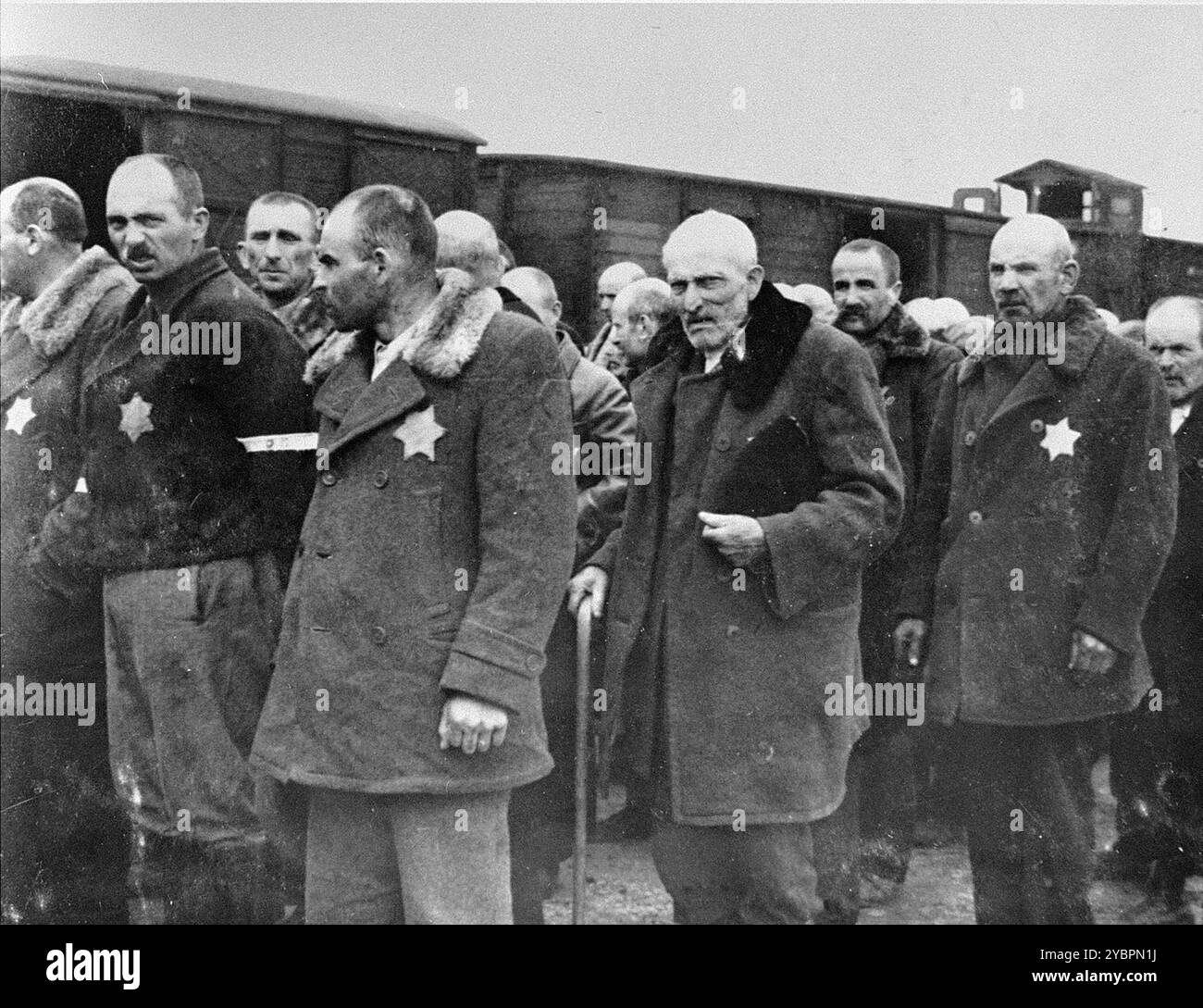 Les Juifs hongrois attendent la sélection sur la rampe d'Auschwitz. Les Juifs en Hongrie étaient relativement en sécurité jusqu'à ce qu'Hitler, craignant que la Hongrie cherche un accord avec les alliés, ordonne l'invasion du pays en mars 1944. Entre le 15 mai et le 9 juillet 1944, plus de 434 000 Juifs ont été déportés dans 147 trains, la plupart d'entre eux à Auschwitz, où environ 80% ont été gazés à leur arrivée. La progression rapide des expulsions a été rendue possible par une coopération étroite entre les autorités hongroises et allemandes. Banque D'Images