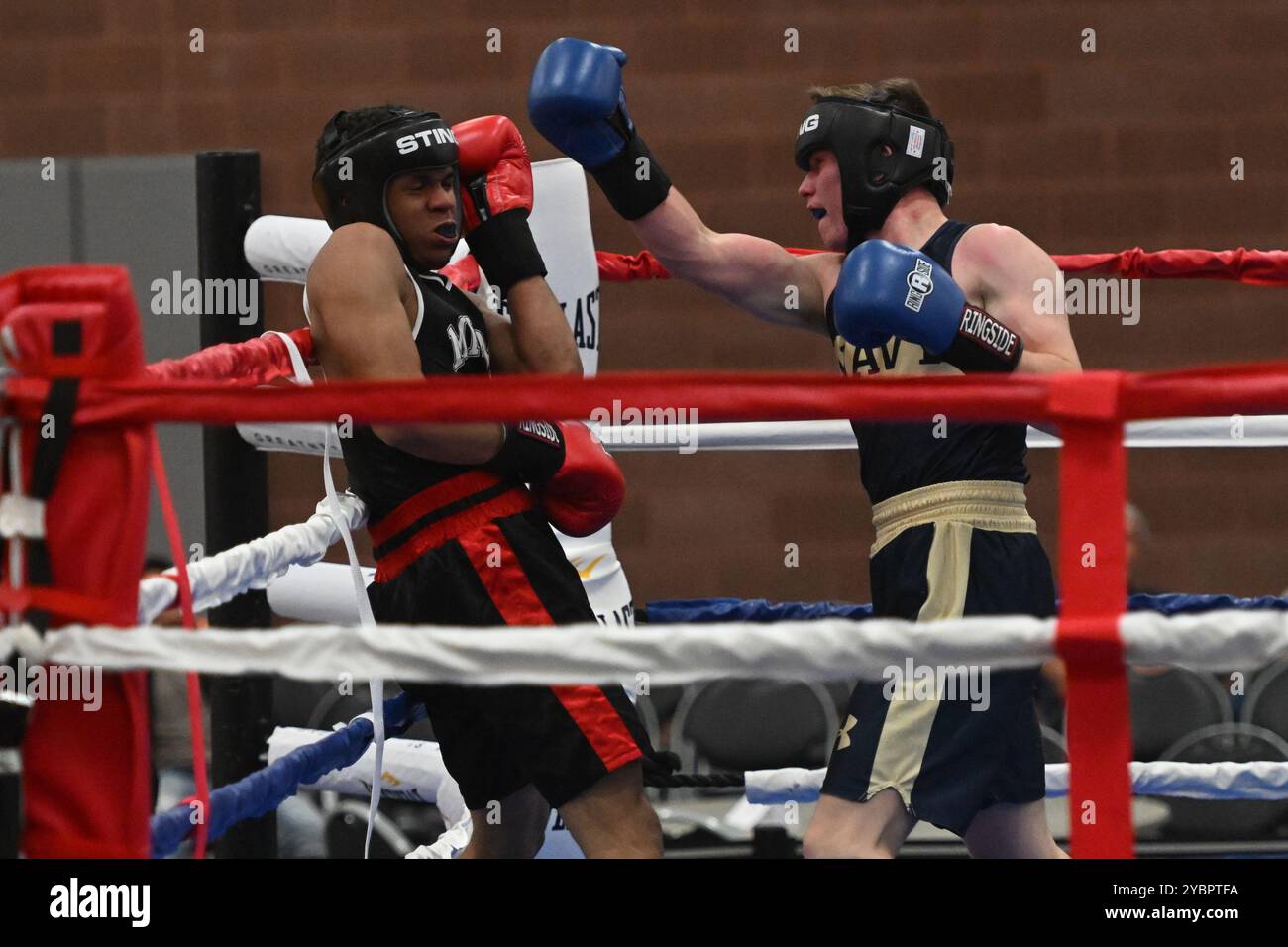 Columbus, Ohio, États-Unis. 19 octobre 2024. Luca Fimiani de la Navy (à droite) frappe Miami de l'Ohio Amari Jenkins (à gauche) dans la catégorie hommes de 158 lb au Buckeye Brawl 2024 à Columbus, Ohio, États-Unis. Crédit : Brent Clark/Alamy Live News Banque D'Images