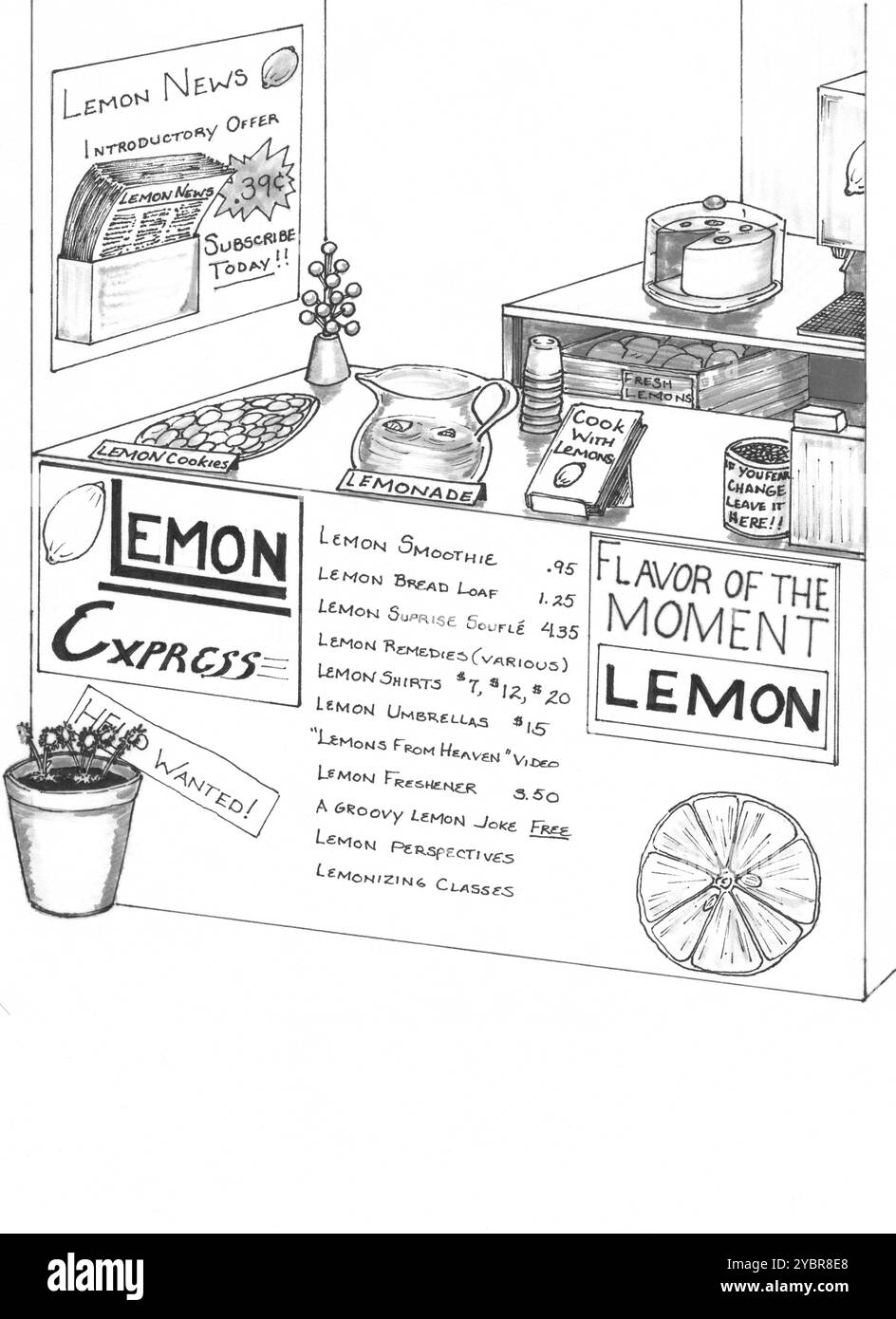 Illustration d'un stand de vente au détail de limonade élaboré avec de nombreux autres produits à base de citron à vendre à un kiosque de stand extérieur. De nombreux signes illustrent un emblème Banque D'Images