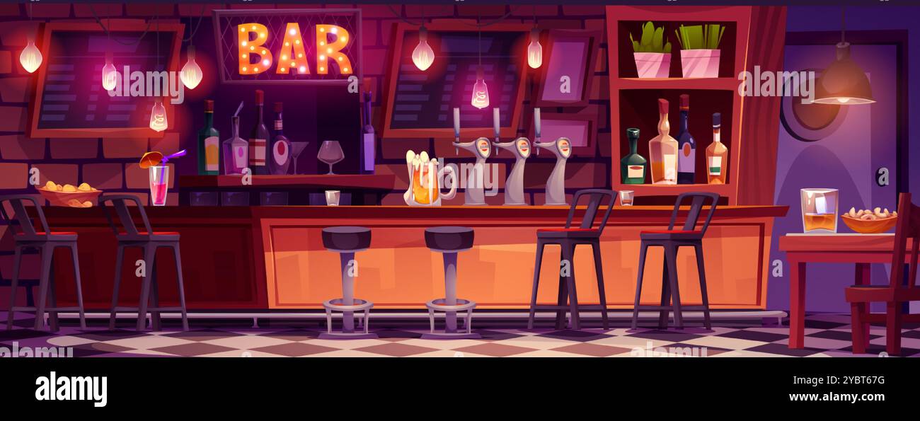 Table de bar et fond de dessin animé intérieur de pub. Buvez de la bière ou un cocktail au café la nuit. Mobilier de restaurant ou de boîte de nuit avec pompe, table de dîner et c Illustration de Vecteur