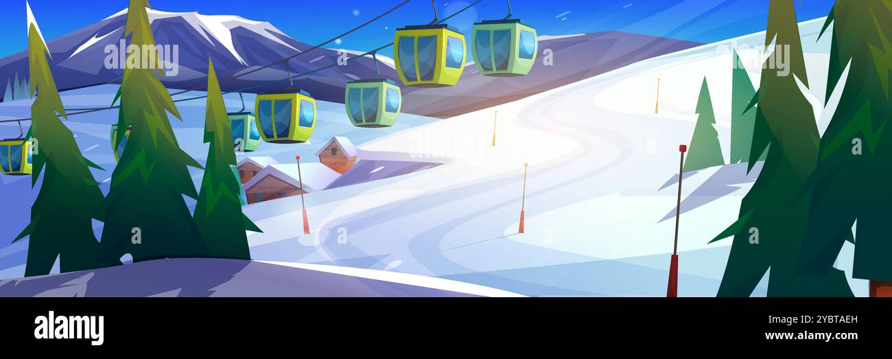 Station de ski d'hiver avec téléphériques dans les montagnes. Illustration de dessin animé vectoriel de télécabine transportant des touristes au-dessus de la pente enneigée, maisons de chalet en bois Illustration de Vecteur