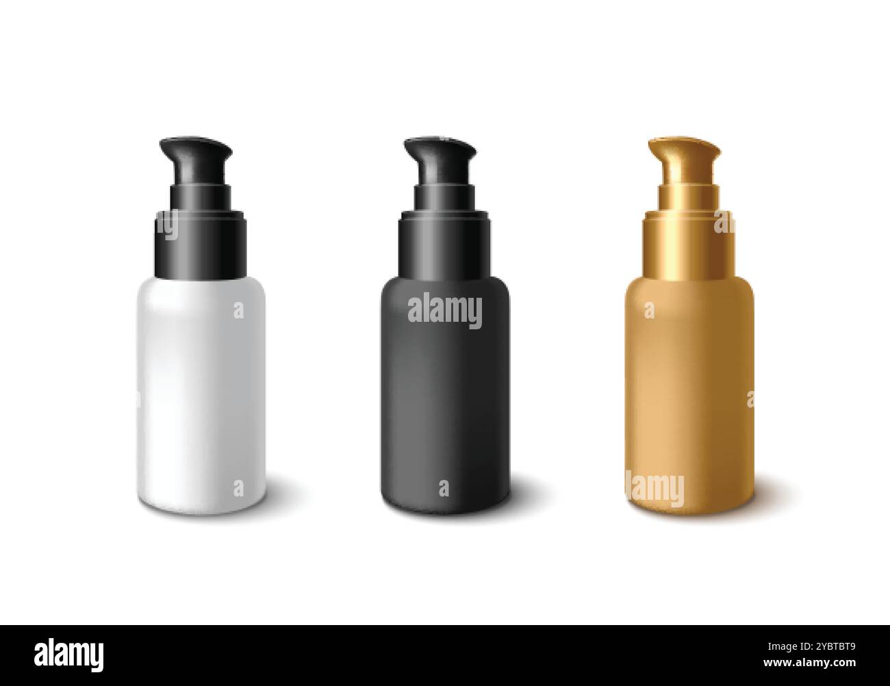 Ensemble de bouteilles de pompe cosmétique isolé sur fond. Illustration réaliste vectorielle de récipient blanc, noir, doré 3D avec distributeur, beauté de peau de visage Illustration de Vecteur