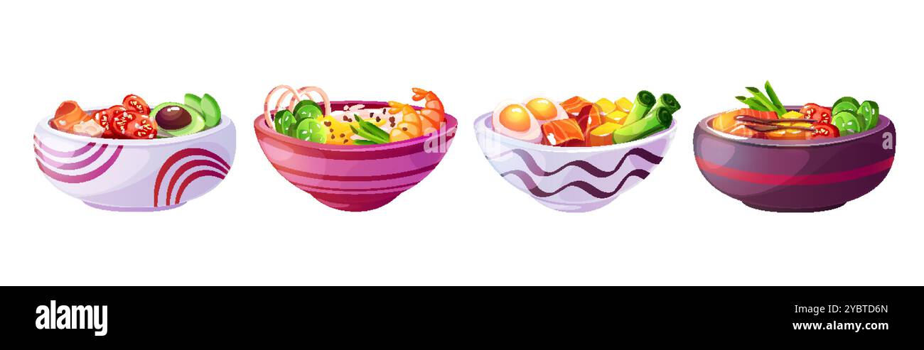 Poke bol avec saumon, avocat, riz et illusion de crevettes. Nutrition de salade de légumes pour le dîner. Ingrédients sains, fruits de mer et sésame servis à environ Illustration de Vecteur