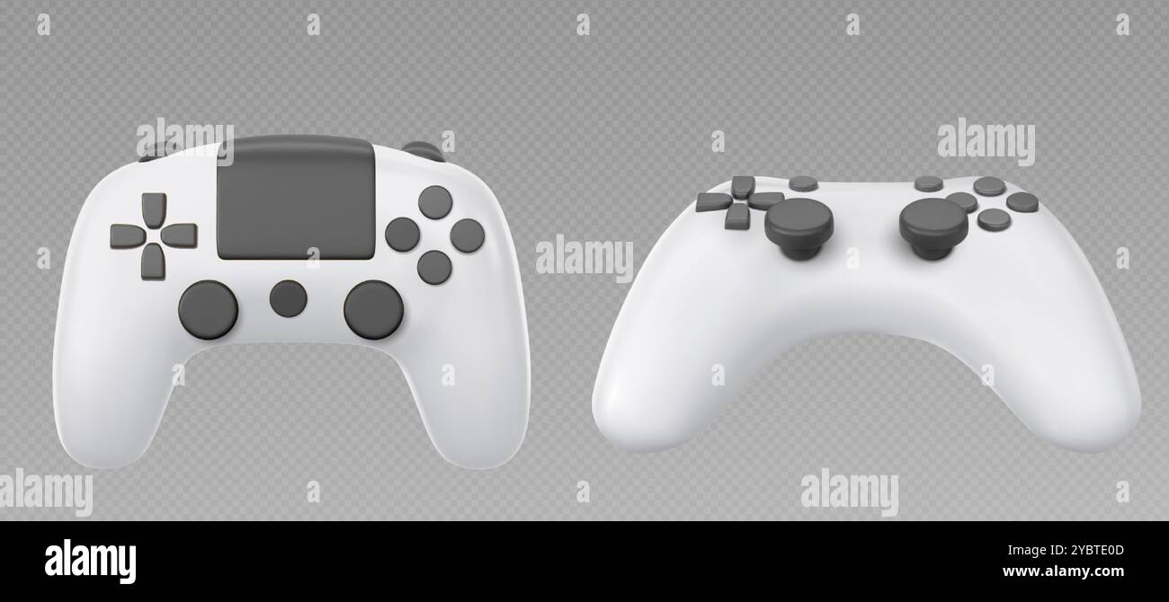 Contrôleur de jeu vidéo isolé sur fond transparent. Illustration réaliste vectorielle de joystick 3D blanc avec boutons noirs vue de dessus et de côté, Illustration de Vecteur
