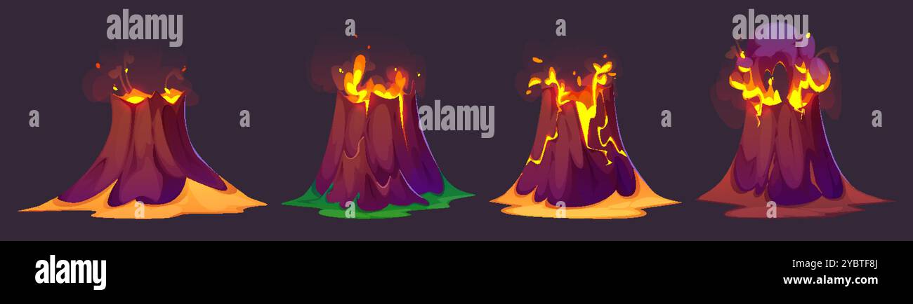 Éruption volcanique isolée sur fond noir. Illustration vectorielle de dessin animé de lave chaude coulant de fissures dans la montagne, nuage de vapeur volcanique an Illustration de Vecteur