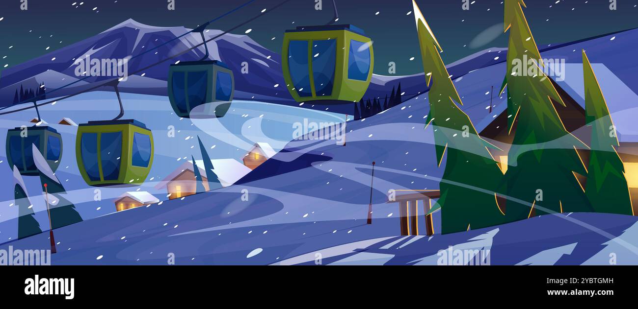 Paysage de station de ski d'hiver la nuit. Sombres montagnes au crépuscule couvertes de neige, sapins, chalet en bois avec lumière dans les fenêtres, funiculaire skyride UDE Illustration de Vecteur