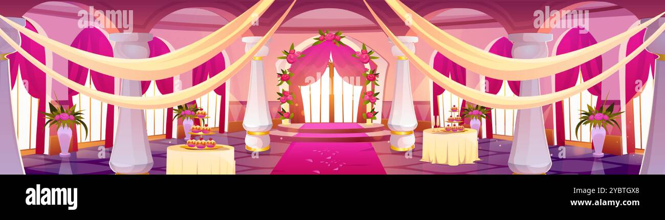 Cadre de mariage dans la salle de bal baroque d'un château médiéval rose luxueux. Arc floral de vecteur de dessin animé et décoration de tissu, gâteaux sur les tables pour le mariage Illustration de Vecteur