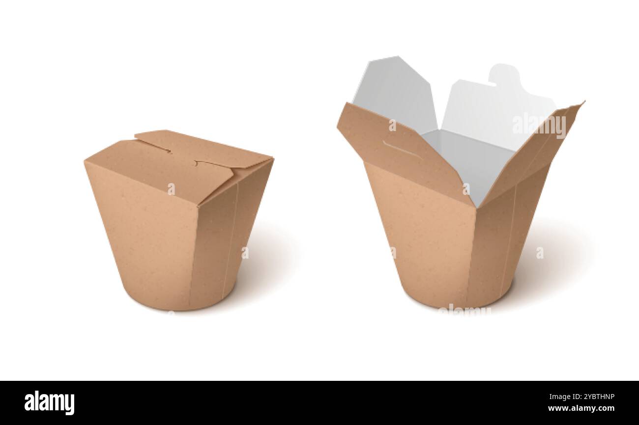Boîte à emporter en carton pour nouilles. Maquette de paquet de papier alimentaire chinois à emporter brun fermé et ouvert. Ensemble de vecteur 3d réaliste de containe de carton Illustration de Vecteur Boîte à emporter en carton pour nouilles. Maquette de paquet de papier alimentaire chinois à emporter brun fermé et ouvert. Ensemble de vecteur 3d réaliste de containe de carton Illustration de Vecteur
