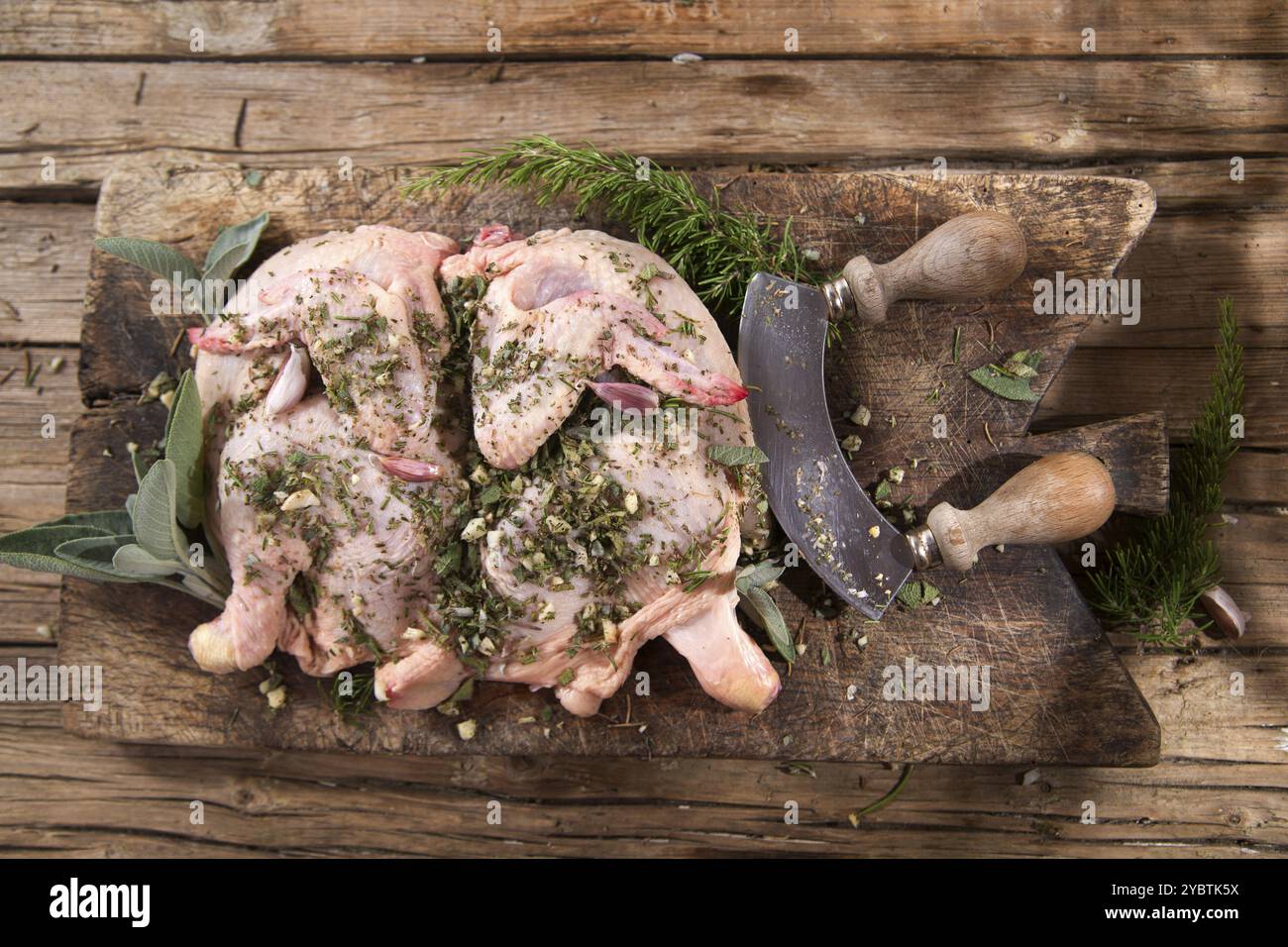 Préparation d'un poulet entier aux herbes méditerranéennes Banque D'Images