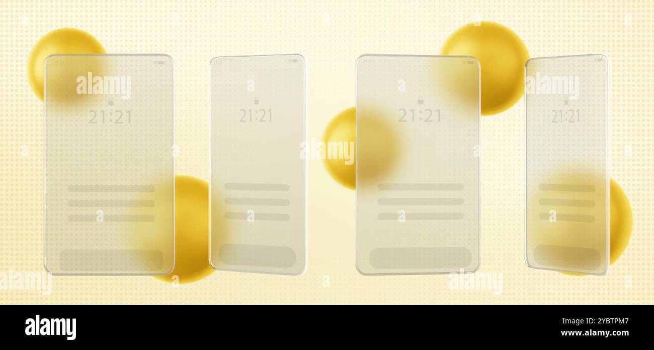 Interface d'écran de téléphone portable sur verre transparent rectangulaire flou sur sphère d'or sur fond de texture pastel pointillé. Illustration vectorielle 3D réaliste Illustration de Vecteur