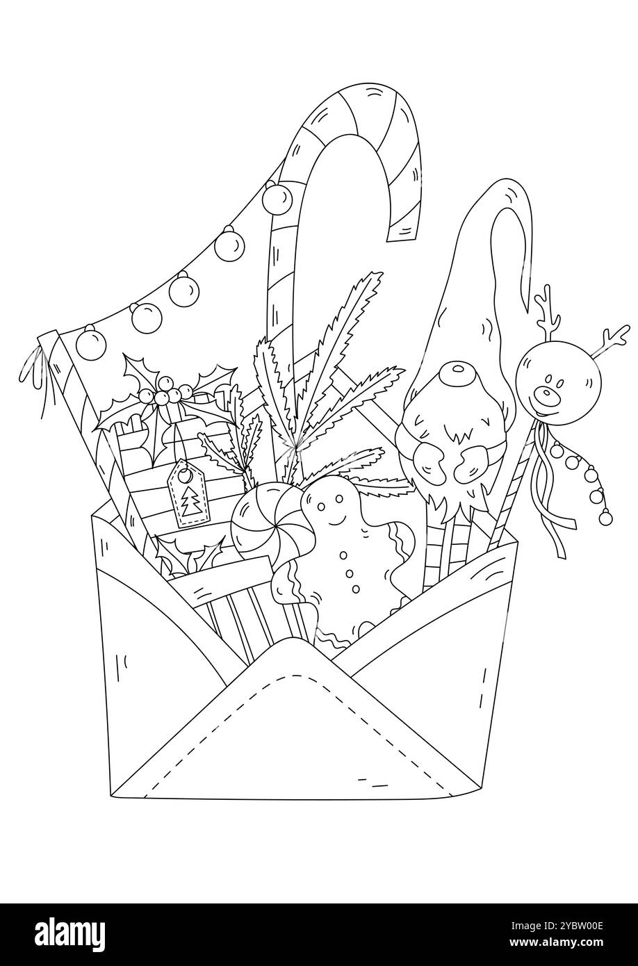 La page de coloriage pour adultes et enfants comporte une enveloppe avec des décorations de Noël Illustration de Vecteur