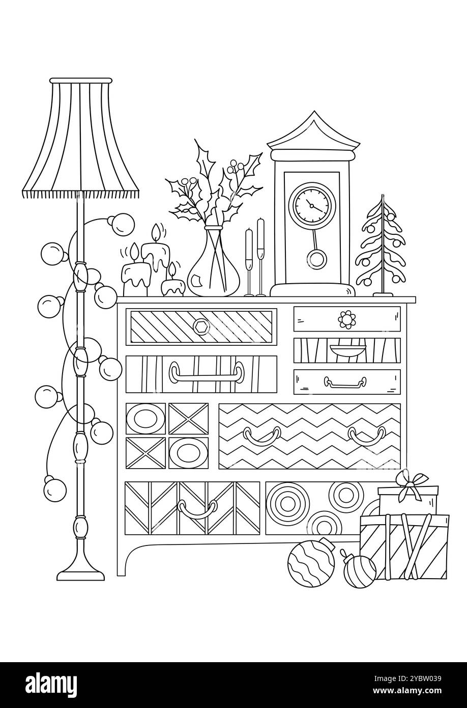 La page de coloriage pour adultes et enfants comprend Une commode avec des décorations de Noël Illustration de Vecteur