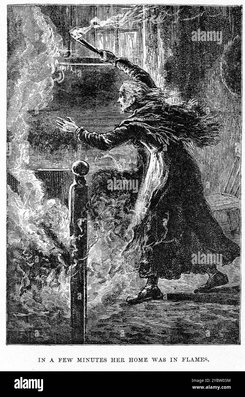 Gravure d'une femme regardant impuissante sa maison engloutie dans les flammes, vers 1880 Banque D'Images